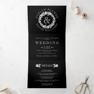 Vintage white rose wreath black wedding Tri-Fold invitation