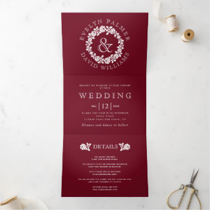 Vintage white rose wreath burgundy red wedding Tri-Fold invitation