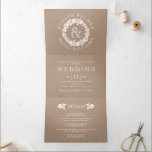 Vintage white rose wreath kraft cardboard wedding Tri-Fold invitation<br><div class="desc">This exquisite wedding invitation is designed with a beautiful vintage frame made of white roses, combined with a kraft cardboard paper, on which your curved text is placed. The perfect combination of these elements creates a romantic and timeless wedding invitation, perfect for adding a touch of nostalgia to your special...</div>