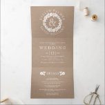 Vintage white rose wreath kraft cardboard wedding Tri-Fold invitation<br><div class="desc">This exquisite wedding invitation is designed with a beautiful vintage frame made of white roses, combined with a kraft cardboard paper, on which your curved text is placed. The perfect combination of these elements creates a romantic and timeless wedding invitation, perfect for adding a touch of nostalgia to your special...</div>
