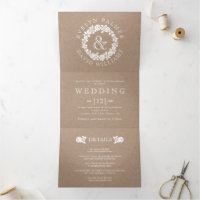 Vintage white rose wreath kraft cardboard wedding