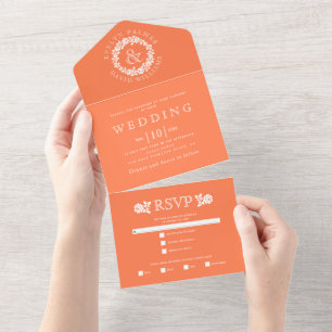 Vintage white rose wreath on coral wedding all in one invitation