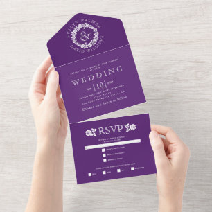 Vintage white rose wreath on purple wedding all in one invitation
