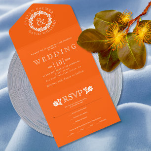 Vintage white rose wreath vibrant orange wedding all in one invitation