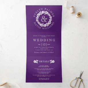 Vintage white rose wreath violet purple wedding Tri-Fold invitation