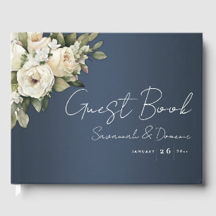 Vintage White Roses and Dusty Blue Wedding Guest Book