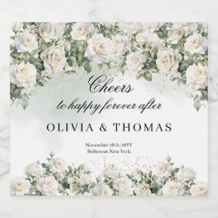 Vintage white roses and greenery foliage wedding sparkling wine label