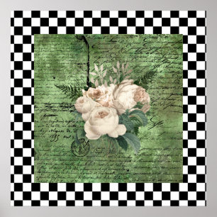 Vintage White Roses & Checkerboard   Poster