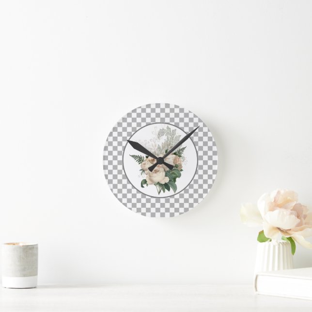 Vintage White Roses Checkerboard  Round Clock (Home)