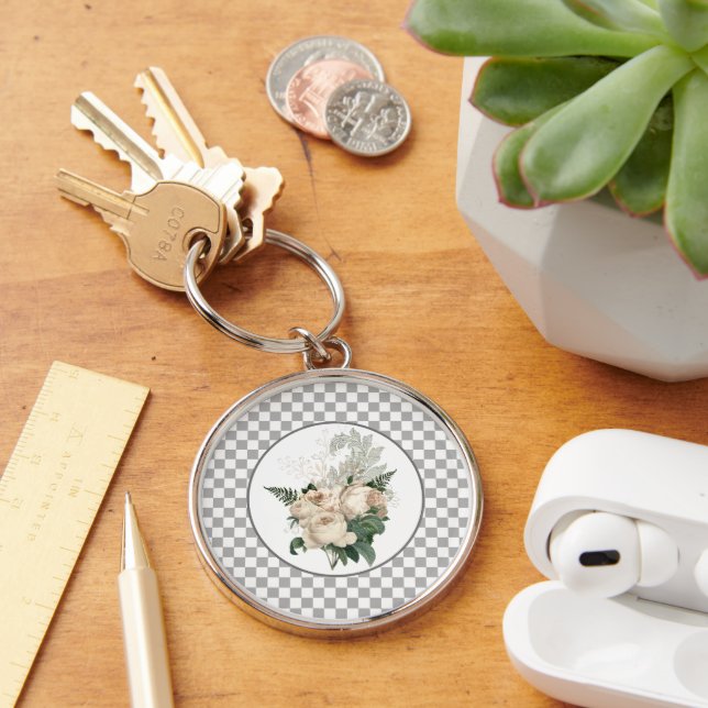 Vintage White Roses Chequerboard  Key Ring (Desk)