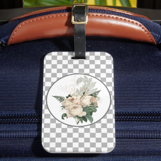 Vintage White Roses Chequerboard  Luggage Tag (Front Insitu 2)