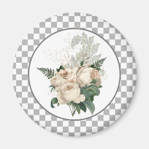 Vintage White Roses Chequerboard  Magnet