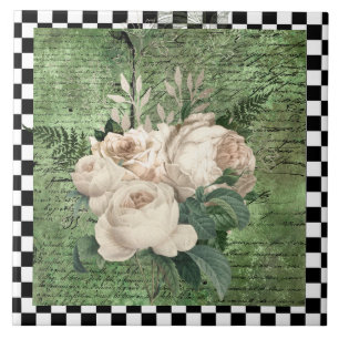 Vintage White Roses & Chequerboard  Tile