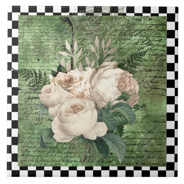 Vintage White Roses & Chequerboard  Tile (Front)