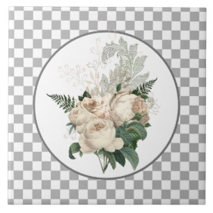 Vintage White Roses Chequerboard  Tile