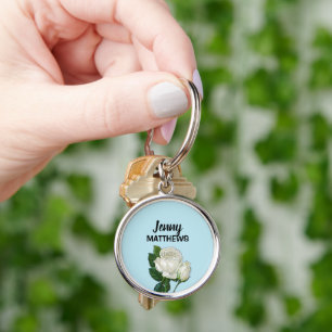 Vintage white roses custom name on blue key ring