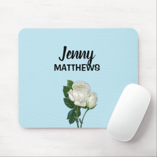 Vintage white roses custom name on blue mouse mat
