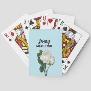 Vintage white roses custom name on blue playing cards