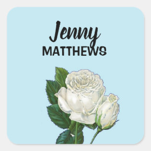 Vintage white roses custom name on blue square sticker