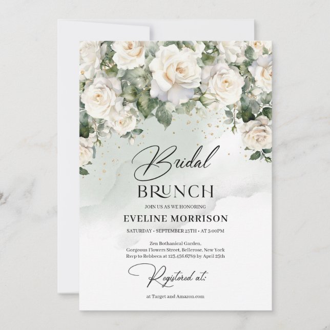 Vintage white roses eucalyptus green and gold invitation (Front)