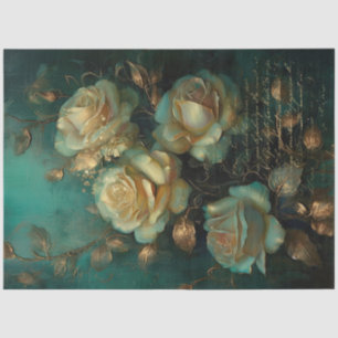 Vintage white roses gold script emerald green tissue paper