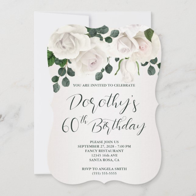 Vintage White Roses Luxurious 60th Birthday Invitation (Front)
