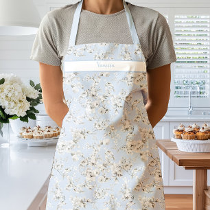 Vintage White Roses on Pale Blue Apron