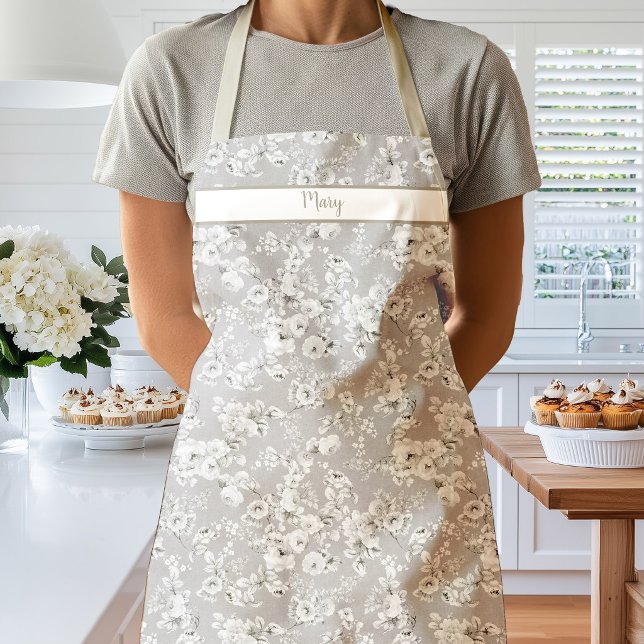 Vintage White Roses on Taupe Apron (Vintage Rose white Taupe apron)