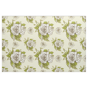 Vintage White Roses Pattern Green Accents Fabric
