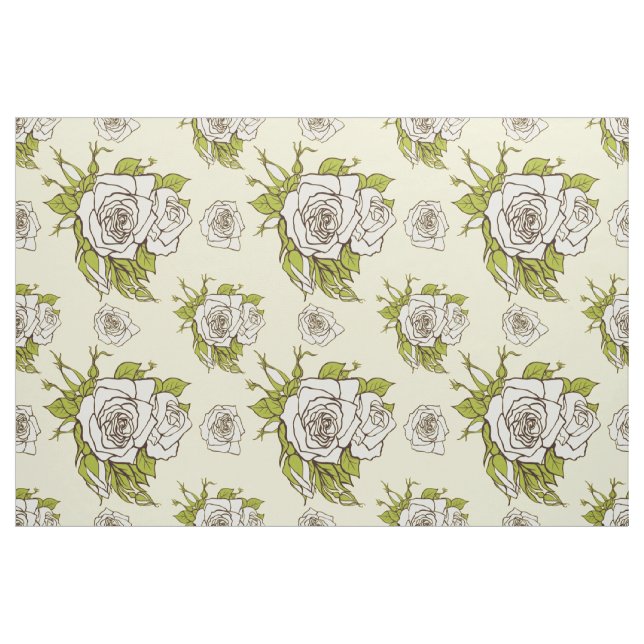 Vintage White Roses Pattern Green Accents Fabric (Yard)