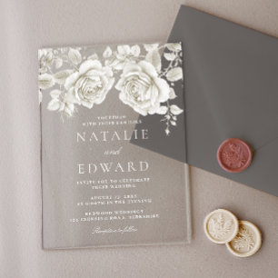 Vintage White Roses Wedding Acrylic Invitations