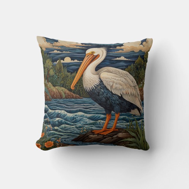 Vintage white sea bird seagull pelican cushion (Front)