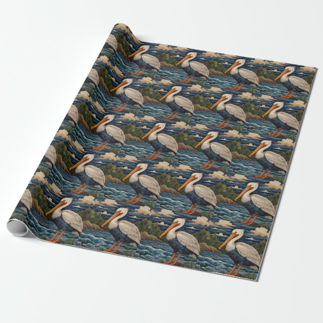 Vintage white sea bird seagull pelican wrapping paper (Unrolled)