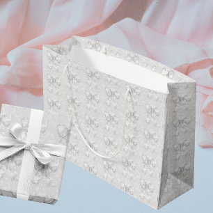 Vintage White Silver Gray Floral Toile Bows  Large Gift Bag