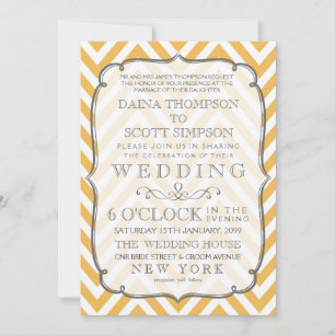 Vintage White Tangerine Chevron Stripes Wedding Invitation