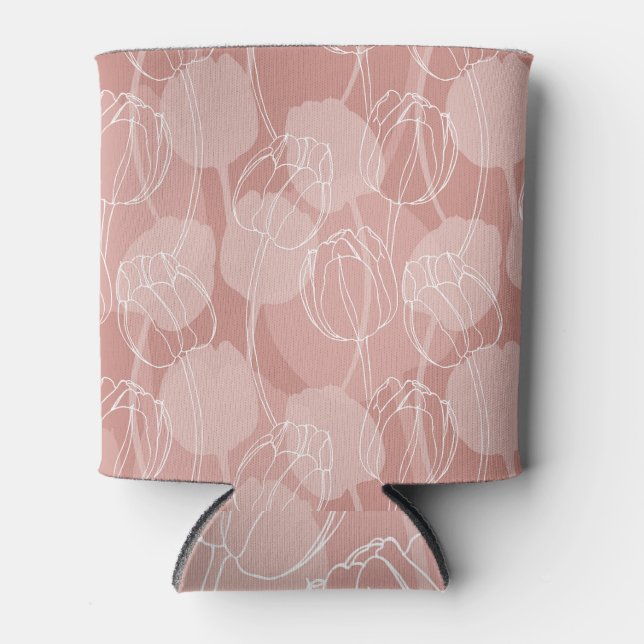Vintage White Tulips Pink Background Can Cooler (Front)
