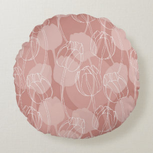 Vintage White Tulips Pink Background Round Cushion