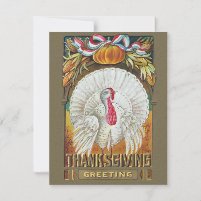 Vintage White Turkey and Thanksgiving Greeting Holiday Card (Front)