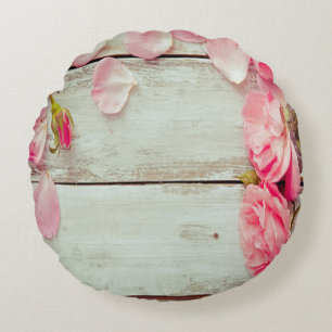 vintage white wood wall pink roses, shabby chic round cushion