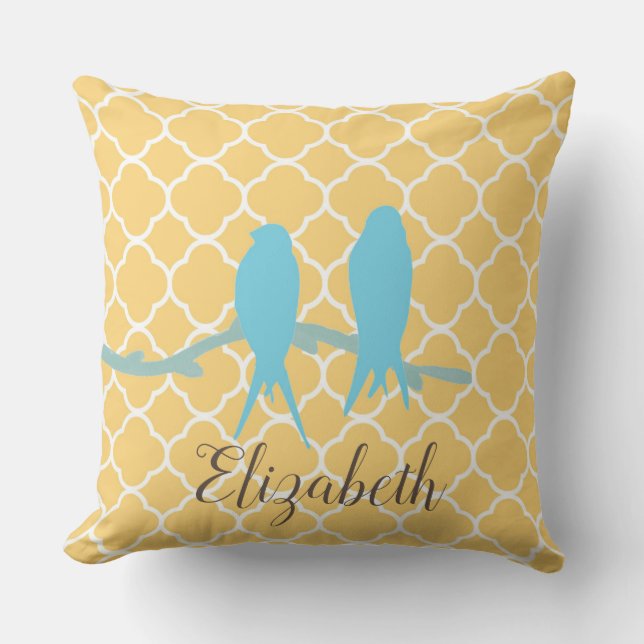 Vintage white yellow blue bird quatrefoil monogram cushion (Front)