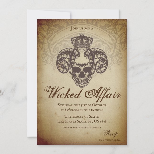 Vintage Wicked Affair Gothic Skull Halloween Party Invitation (Front)