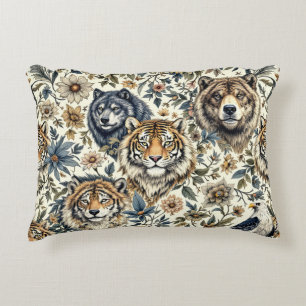 Vintage Wild Animal and Floral Pattern on White Decorative Cushion