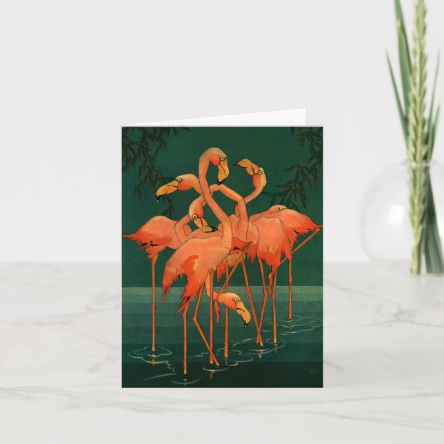 Vintage Wild Animal Birds, Tropical Pink Flamingos Card (Front)