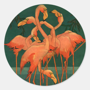 Vintage Wild Animal Birds, Tropical Pink Flamingos Classic Round Sticker