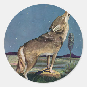 Vintage Wild Animal, Wolf Howling at the Moon Classic Round Sticker