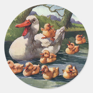 Vintage Wild Animals Birds, Ducklings Duck Family Classic Round Sticker