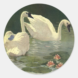 Vintage Wild Animals Birds, Victorian White Swans Classic Round Sticker