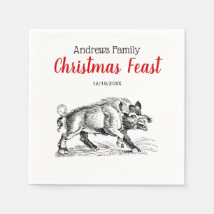 Vintage Wild Boar Drawing BW #2 Christmas Xmas Napkin