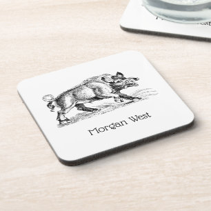 Vintage Wild Boar Drawing BW #2 Coaster
