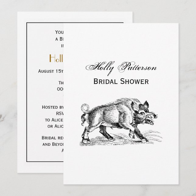 Vintage Wild Boar Drawing BW #2 Invitation (Front/Back)